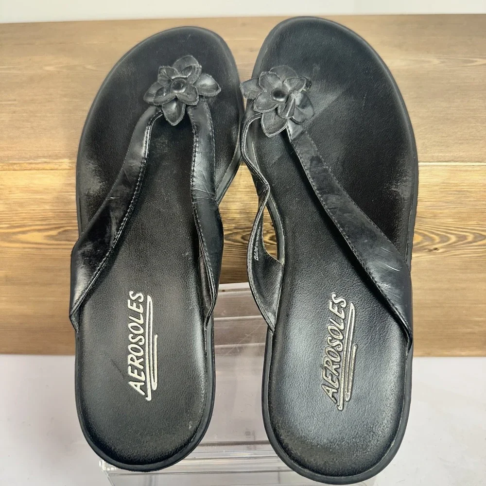 Aerosoles Chloe 2 Flower Thong Sandals Womens 6.5 Black Comfort Y2K Flat Retro